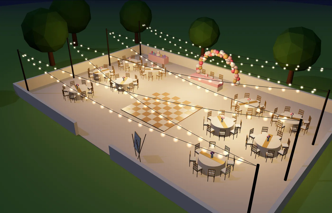 La fiesta de XV años montada en 3D de noche: mesas con centros florales, pista de baile y guirnaldas encendidas