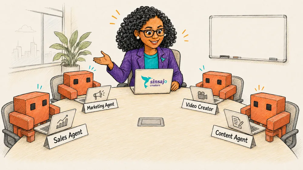 Illustration: Gio at a meeting table with four AI agents, each with their own laptop